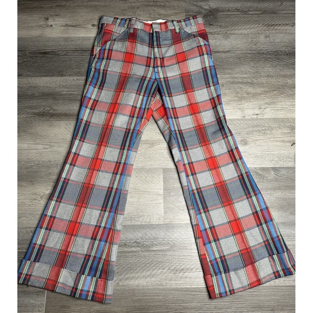 VTG Farah Plaid Bell Bottom Pants Mens 33x28 Disco Golf Flare Slacks No Iron